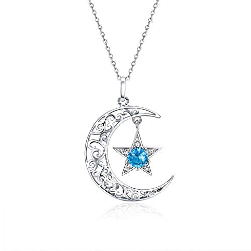 PAHALA 925 Sterling Silver Sparkling Moon Star with Blue Crystal Pendant Necklace