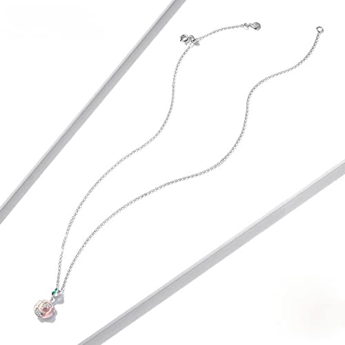 PAHALA 925 Sterling Silver Enamel Romantic Pink Flower Chain Necklace Pendant Wedding Necklace