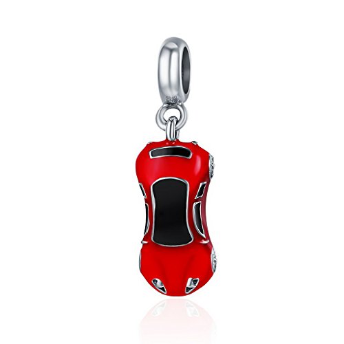 PAHALA 925 Sterling Silver Fashion Sports Car Pendant Red Enamel Crystals Charm Bead