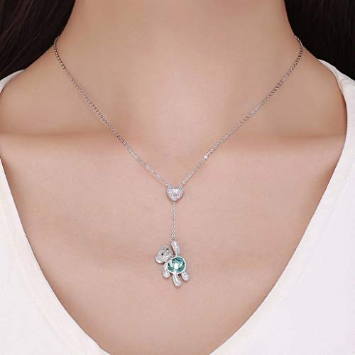 PAHALA 925 Sterling Silver Cute Bear Heart Love Green Crystals Clear CZ Pendant Necklace