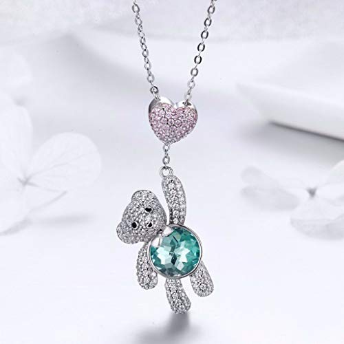 PAHALA 925 Sterling Silver Cute Bear Heart Love Green Crystals Clear CZ Pendant Necklace