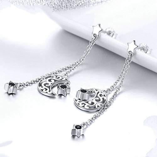 PAHALA 925 Sterling Silver Star And Moon Long Chain With Crystal Drop Earrings