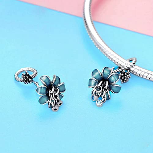 PAHALA 925 Strling Silver Blue Enamel Flower Pendant with Crystals Charm Bead