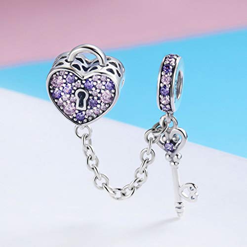 PAHALA 925 Strling Silver Crystals Key of Heart Love Lock Safety Chain Pendant Charms Beads