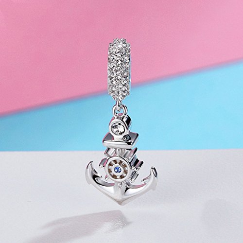 PAHALA 925 Sterling Silver Ocean Anchor with Crystals Pendant Charm Bead