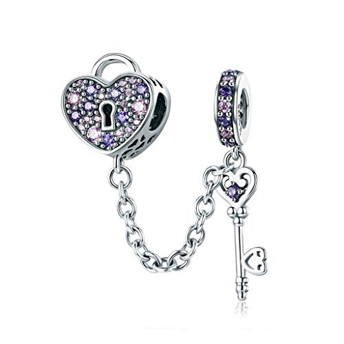 PAHALA 925 Strling Silver Crystals Key of Heart Love Lock Safety Chain Pendant Charms Beads