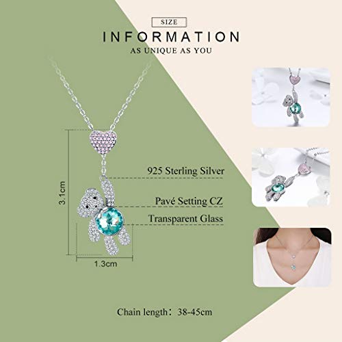 PAHALA 925 Sterling Silver Cute Bear Heart Love Green Crystals Clear CZ Pendant Necklace