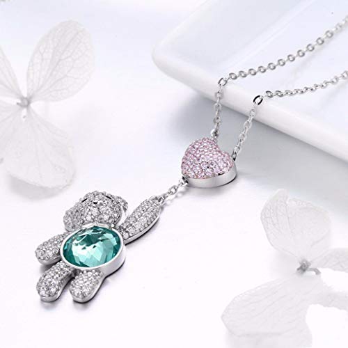 PAHALA 925 Sterling Silver Cute Bear Heart Love Green Crystals Clear CZ Pendant Necklace