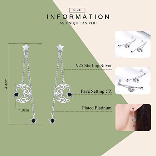 PAHALA 925 Sterling Silver Star And Moon Long Chain With Crystal Drop Earrings