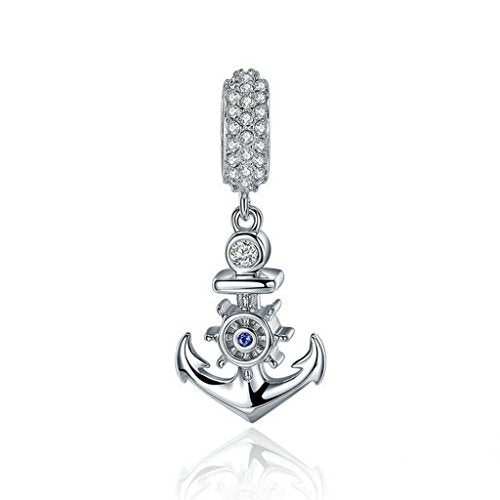 PAHALA 925 Sterling Silver Ocean Anchor with Crystals Pendant Charm Bead