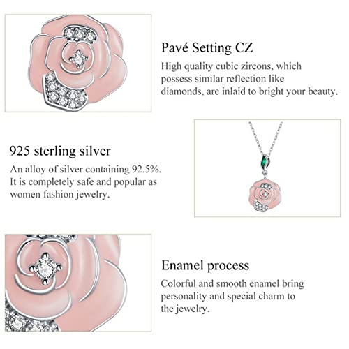 PAHALA 925 Sterling Silver Enamel Romantic Pink Flower Chain Necklace Pendant Wedding Necklace