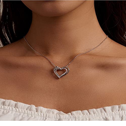 PAHALA 925 Sterling Silver Crystals Double Layer Heart Chain Necklace  Pendant Wedding Necklace