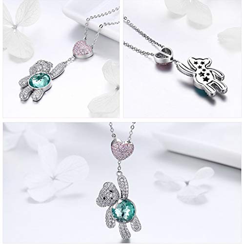 PAHALA 925 Sterling Silver Cute Bear Heart Love Green Crystals Clear CZ Pendant Necklace