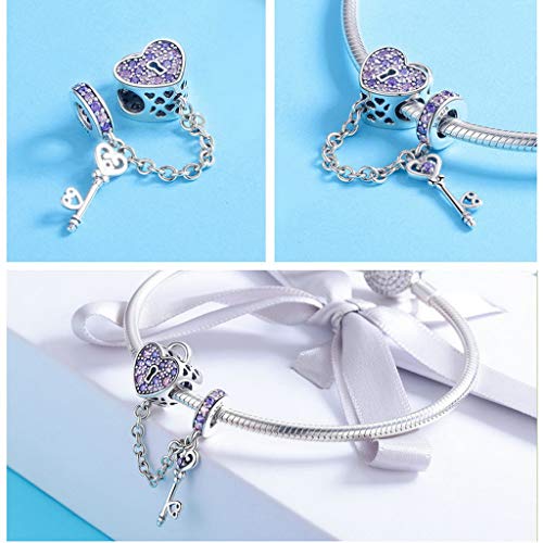 PAHALA 925 Strling Silver Crystals Key of Heart Love Lock Safety Chain Pendant Charms Beads