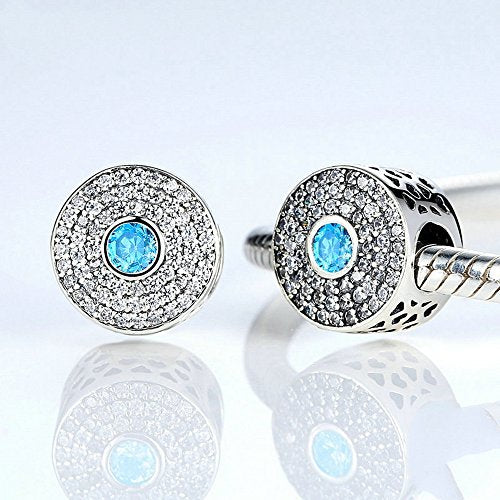 PAHALA 925 Strling Silver 2 Colors Crystals Round Charms Fit Bracelets Necklace (Blue)