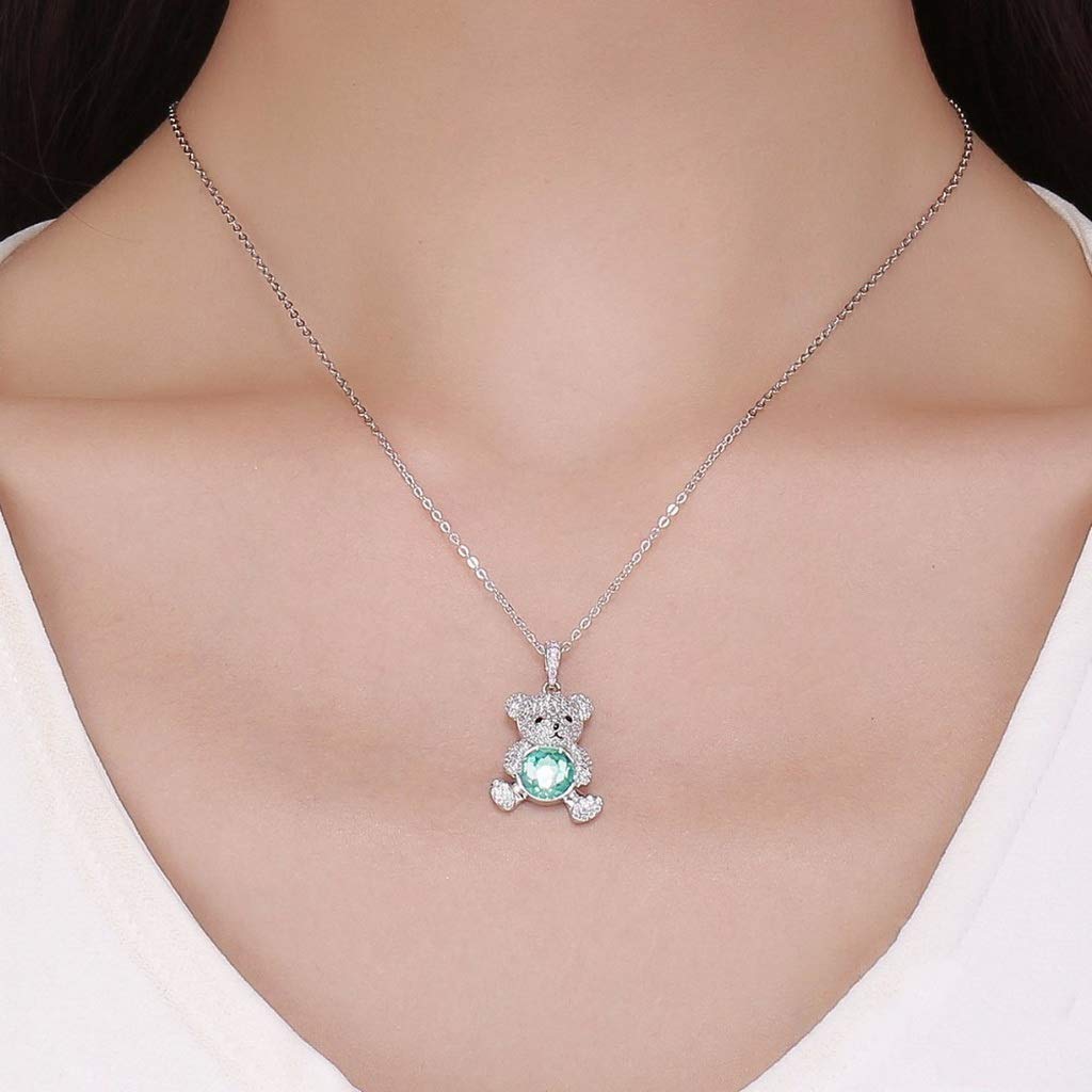 PAHALA 925 Sterling Silver Cute Bear with Green Crystals Clear CZ Pendant Necklace