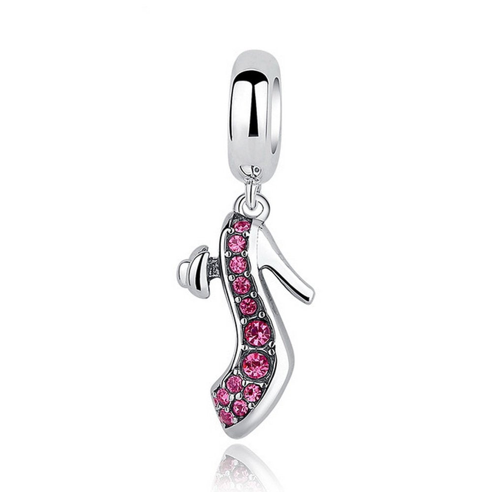 PAHALA 925 Sterling Silver Pink Crystals High Heeled Shoe Charm Fit Bracelets Necklace