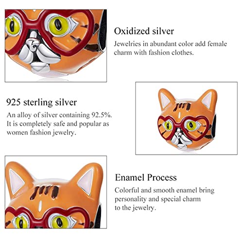 PAHALA 925 Sterling Silver Enamel Cartoon Cute Sweet Heart Tabby Cat Charm Bead