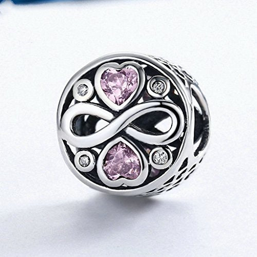 PAHALA 925 Sterling Silver Infinity Pink Crystals Heart Charms Fit Bracelets Necklace