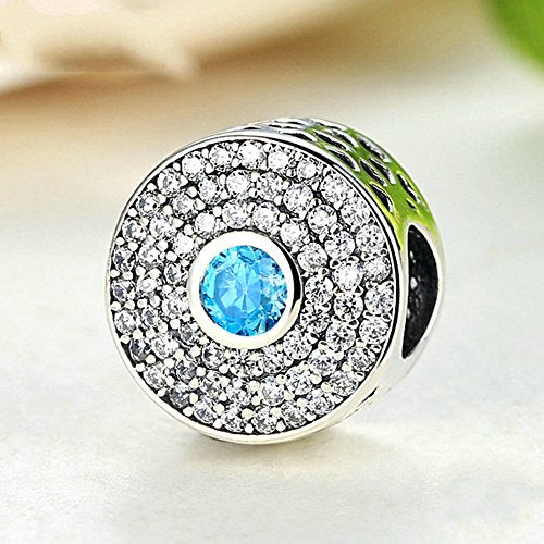 PAHALA 925 Strling Silver 2 Colors Crystals Round Charms Fit Bracelets Necklace (Blue)