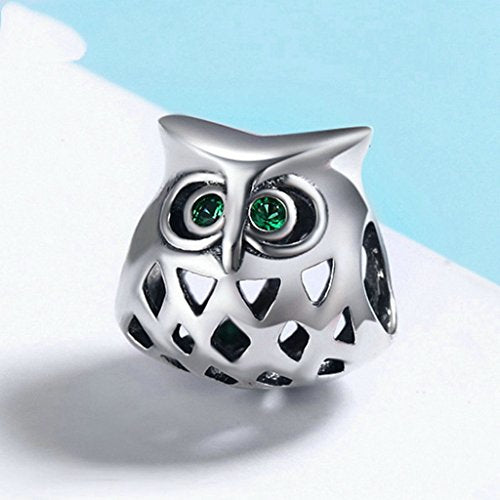 PAHALA 925 Sterling Silver Cut Owl with Green Crystals Charm Bead Fit Bracelets