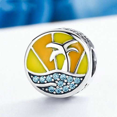 PAHALA 925 Sterling Silver Love Summer Beach with Blue Crystal Charm Bead Fit Bracelet
