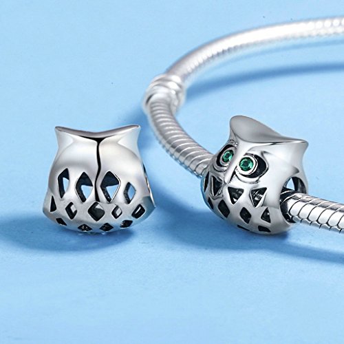 PAHALA 925 Sterling Silver Cut Owl with Green Crystals Charm Bead Fit Bracelets