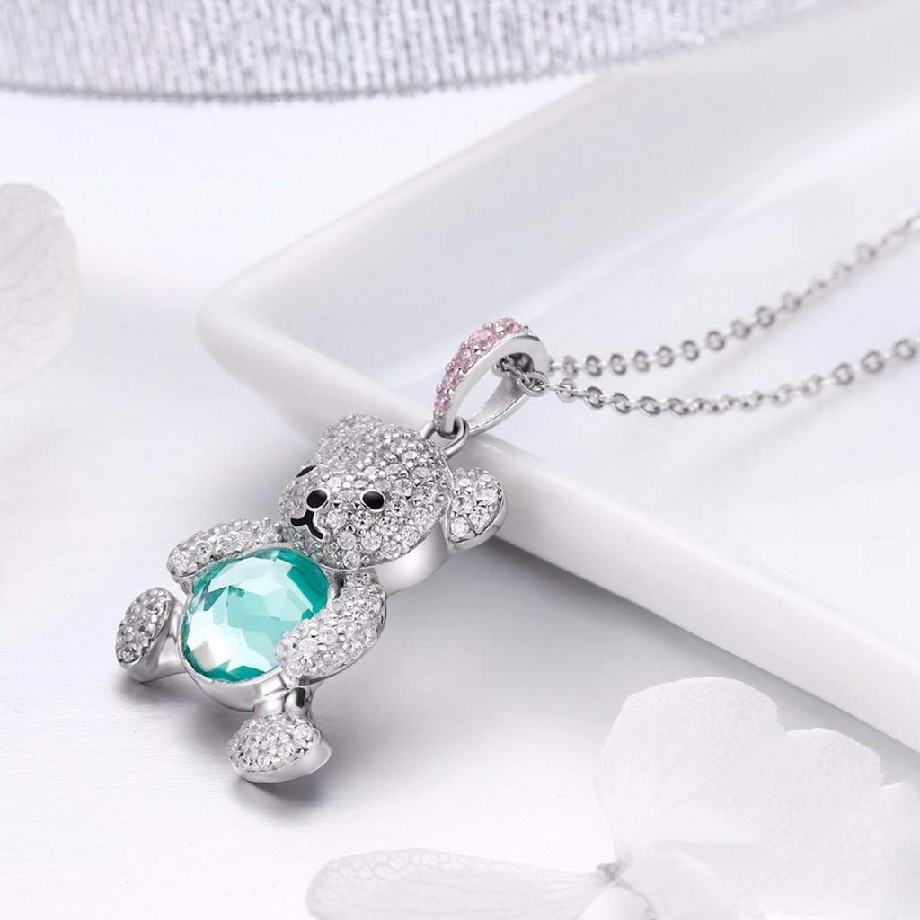 PAHALA 925 Sterling Silver Cute Bear with Green Crystals Clear CZ Pendant Necklace