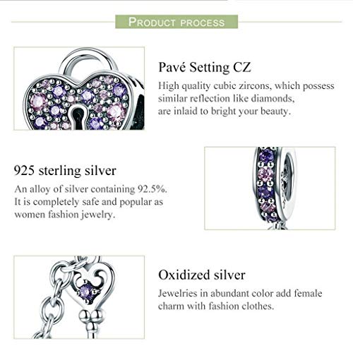 PAHALA 925 Strling Silver Crystals Key of Heart Love Lock Safety Chain Pendant Charms Beads