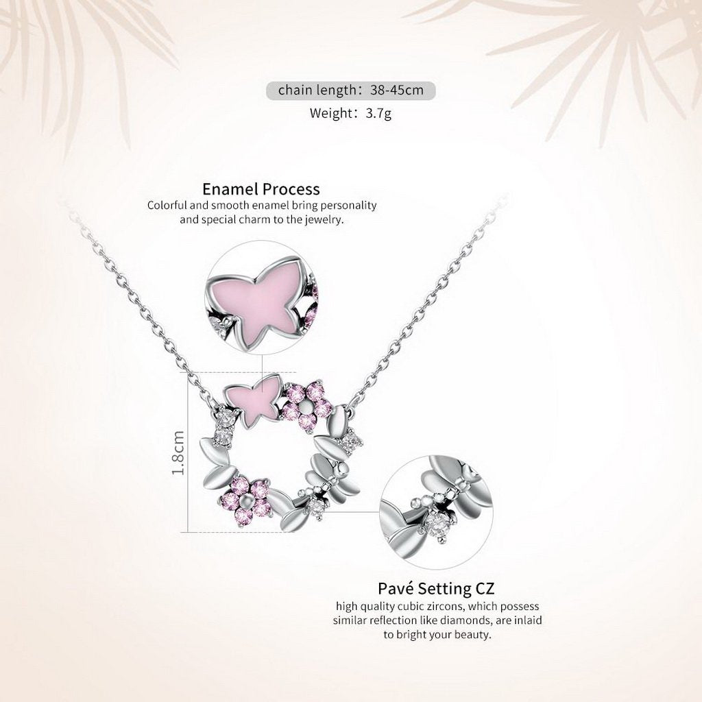 PAHALA 925 Sterling Silver Cherry Blossom with Pink Crystals Clear CZ Pendant Necklace