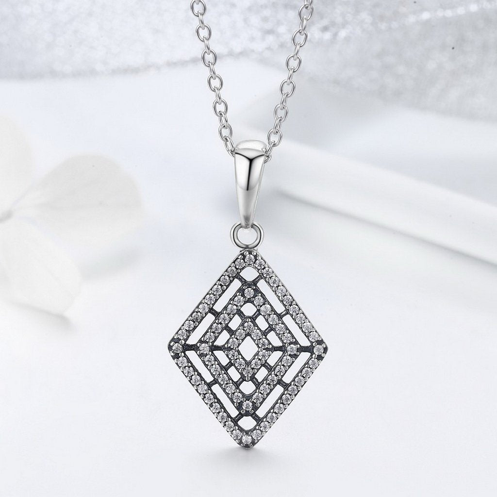 PAHALA 925 Sterling Silver Geometric Lines with Crystals Clear CZ Pendant Necklace