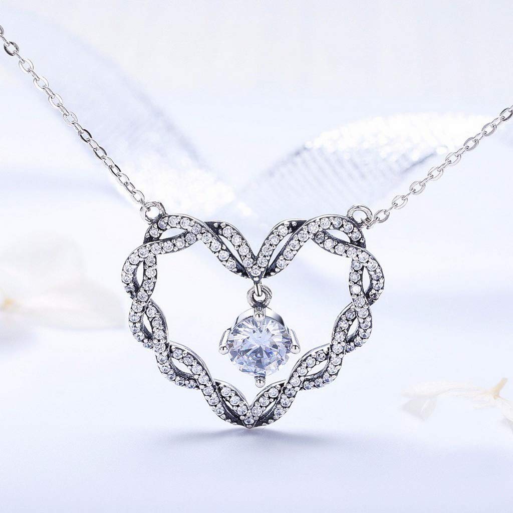 PAHALA 925 Sterling Silver Minimalism Heart Crystals Pendant Necklace