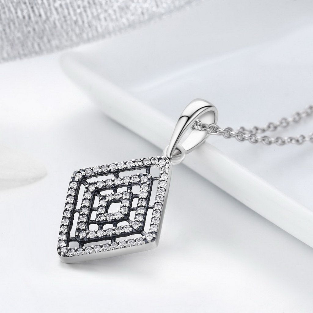 PAHALA 925 Sterling Silver Geometric Lines with Crystals Clear CZ Pendant Necklace