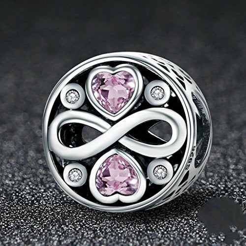 PAHALA 925 Sterling Silver Infinity Pink Crystals Heart Charms Fit Bracelets Necklace