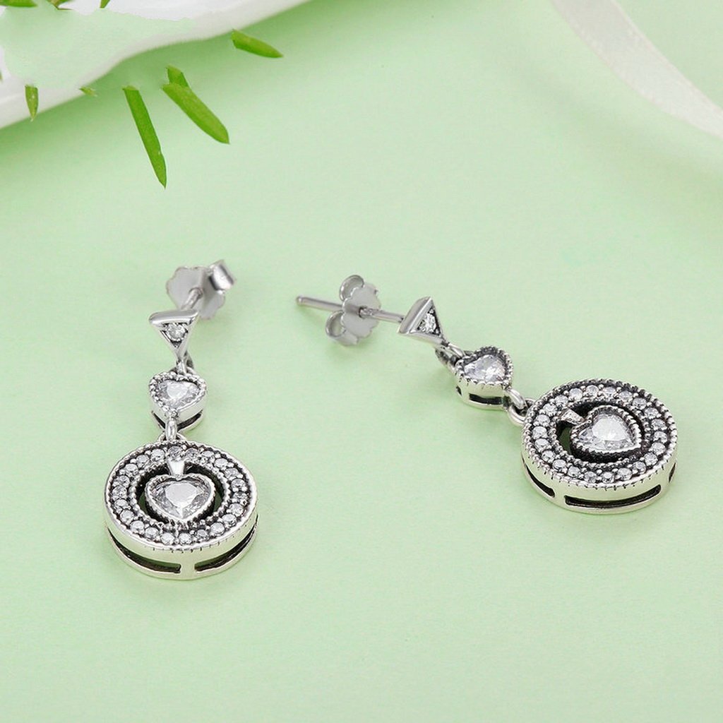 PAHALA 925 Sterling Silver Classical Round With Heart Crystals Party Wedding Long Drop Earrings