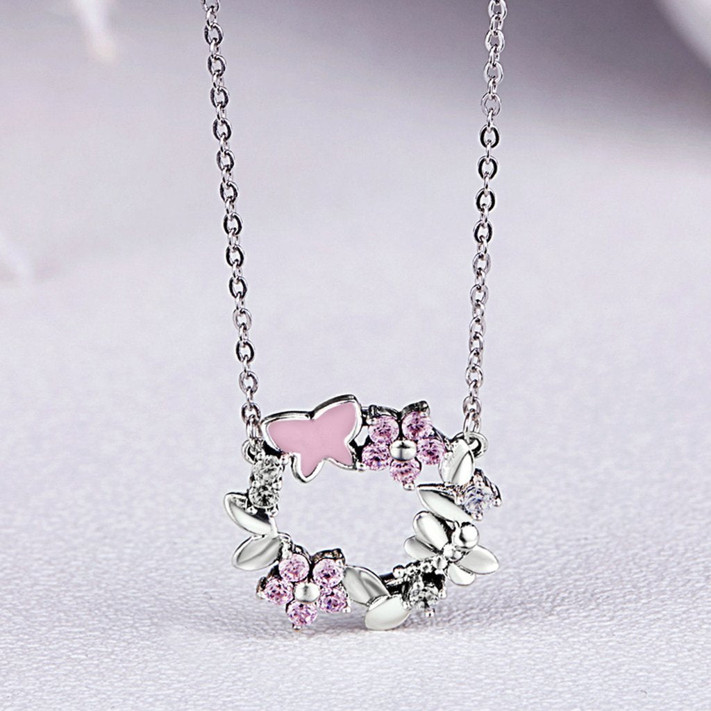 PAHALA 925 Sterling Silver Cherry Blossom with Pink Crystals Clear CZ Pendant Necklace